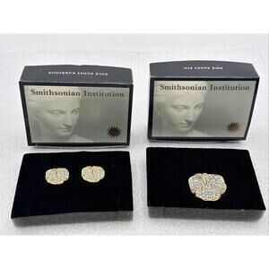 Avon 1997 Smithsonian Institution Jewelry Set Pave' Pansy Earrings & Pansy Pin